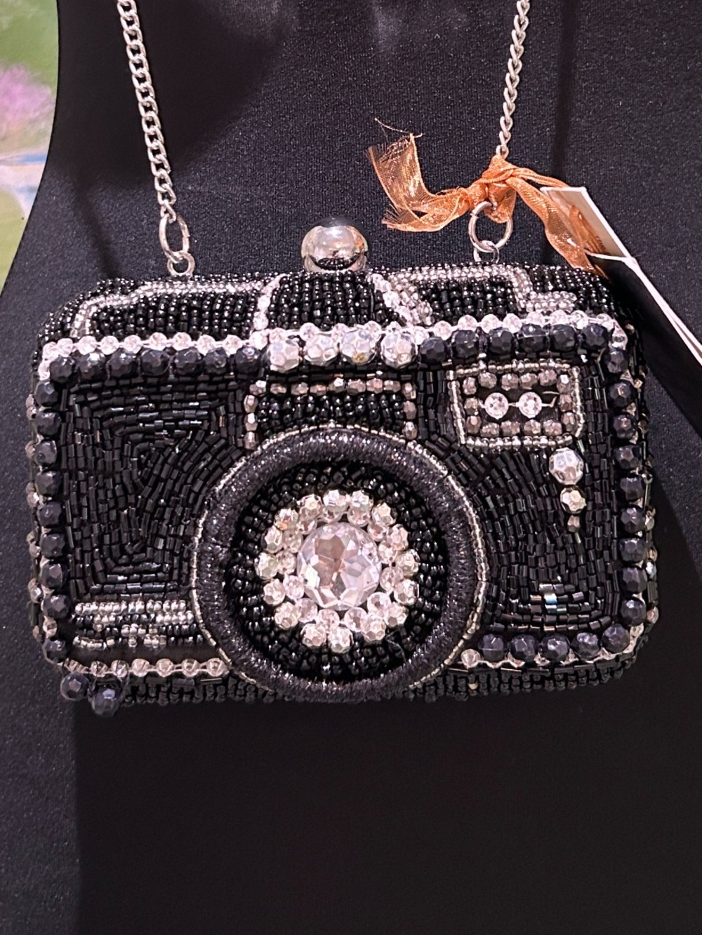 NWT From India To You Beaded Black Camera-Shaped Clutch/Crossbody Crystal Accent